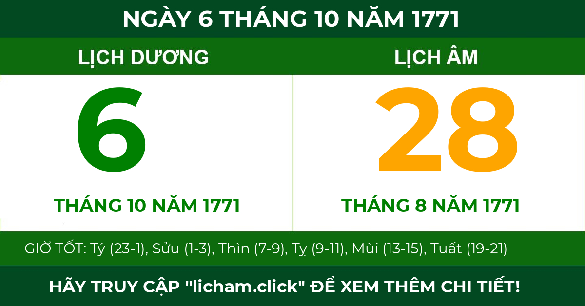 lịch âm ngày 6 tháng 10 năm 1771