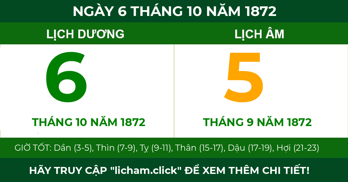 lịch âm ngày 6 tháng 10 năm 1872