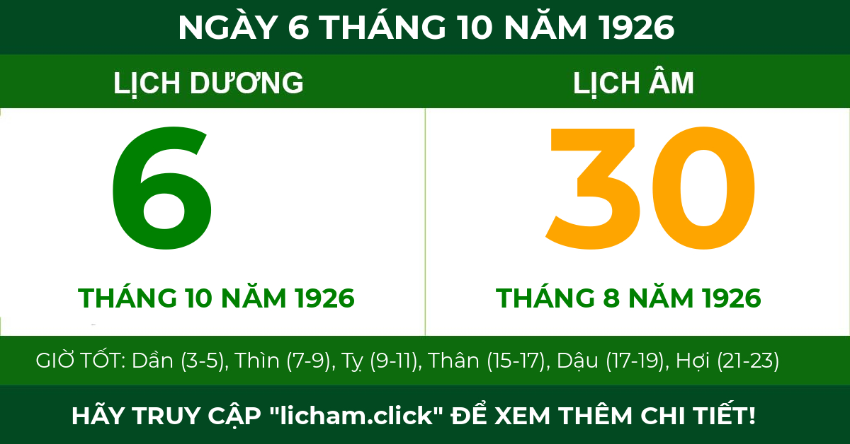 lịch âm ngày 6 tháng 10 năm 1926