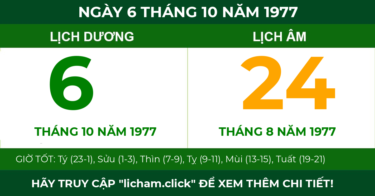 lịch âm ngày 6 tháng 10 năm 1977