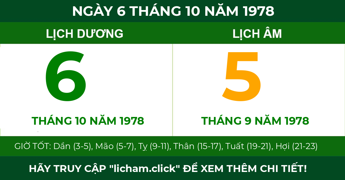 lịch âm ngày 6 tháng 10 năm 1978