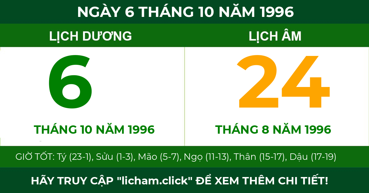 lịch âm ngày 6 tháng 10 năm 1996