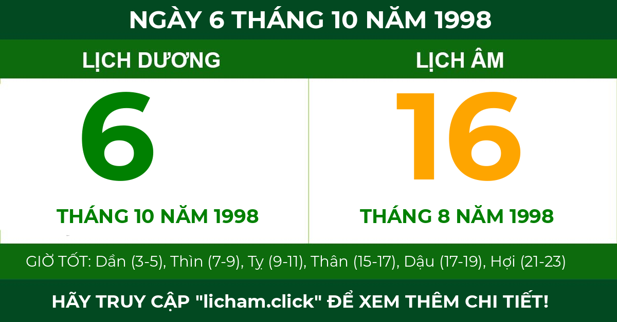 lịch âm ngày 6 tháng 10 năm 1998