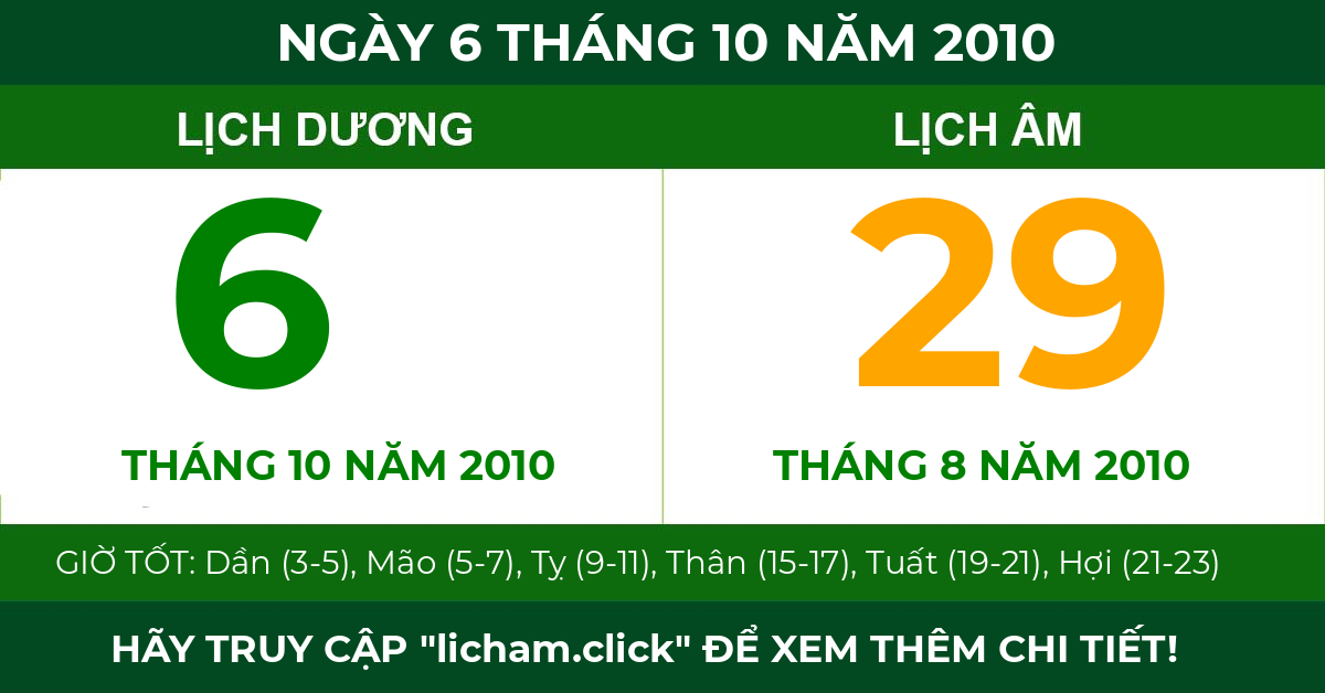 lịch âm ngày 6 tháng 10 năm 2010