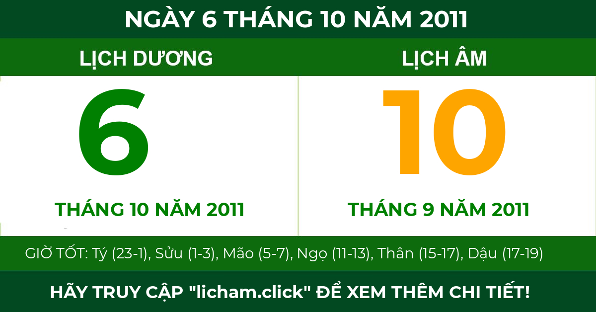 lịch âm ngày 6 tháng 10 năm 2011