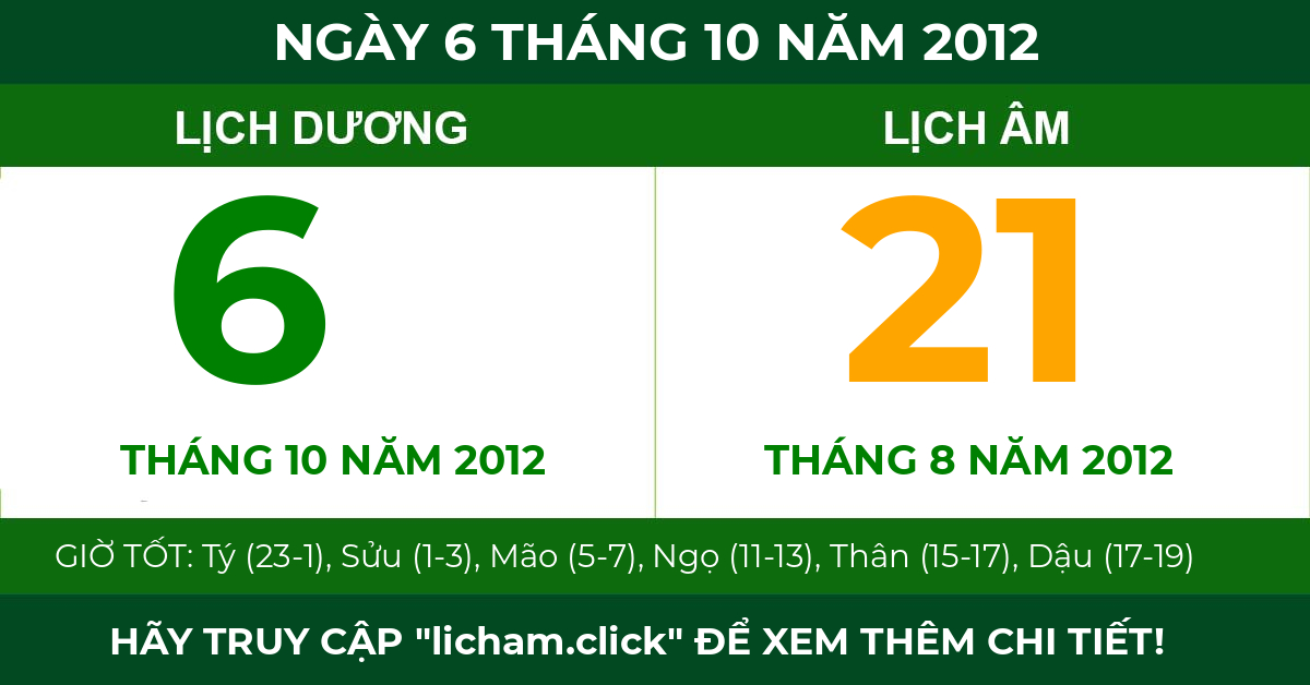lịch âm ngày 6 tháng 10 năm 2012