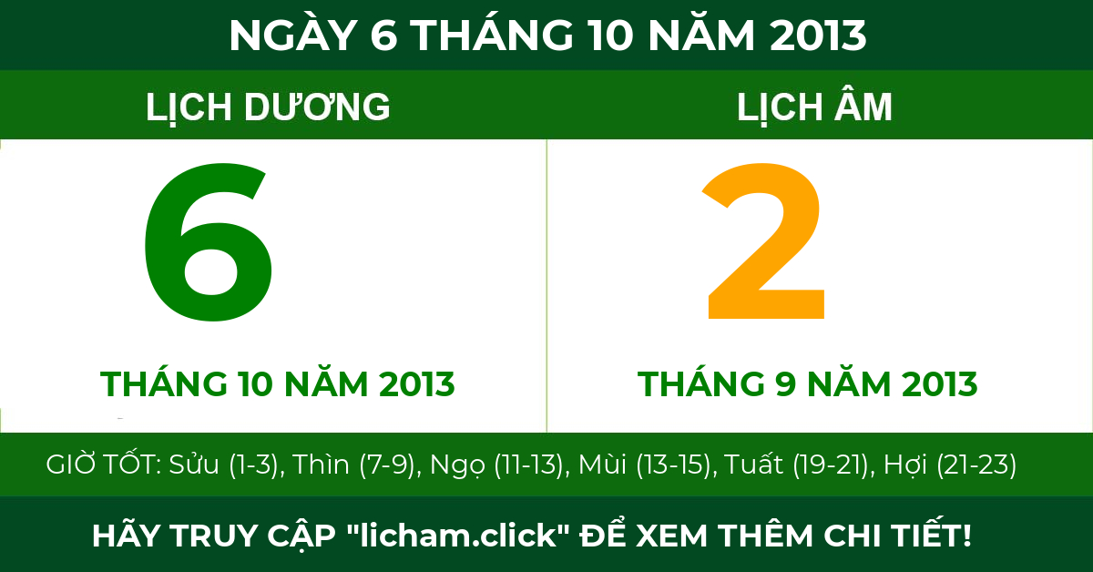 lịch âm ngày 6 tháng 10 năm 2013
