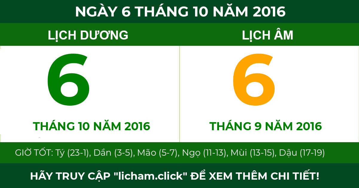 lịch âm ngày 6 tháng 10 năm 2016