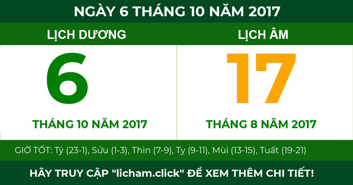 lịch âm ngày 6 tháng 10 năm 2017