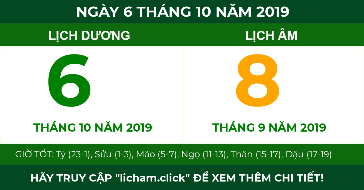 lịch âm ngày 6 tháng 10 năm 2019