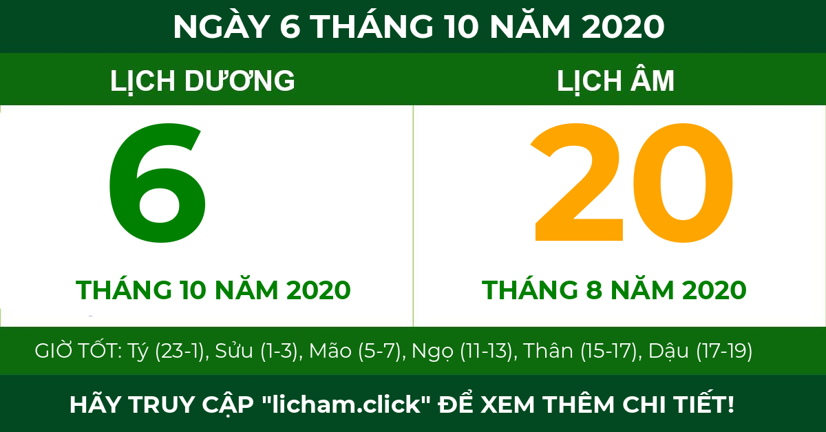lịch âm ngày 6 tháng 10 năm 2020