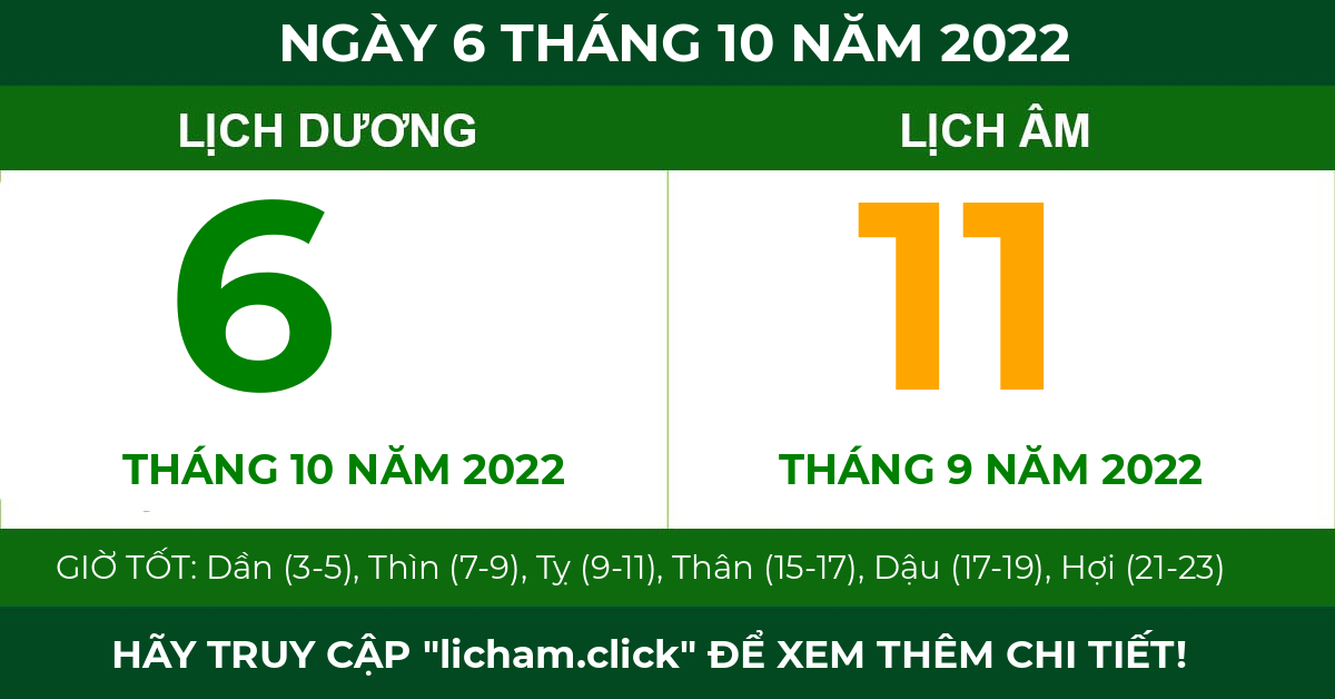lịch âm ngày 6 tháng 10 năm 2022