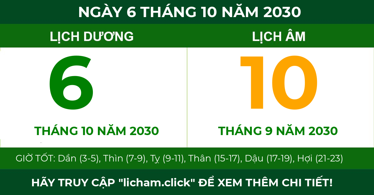 lịch âm ngày 6 tháng 10 năm 2030