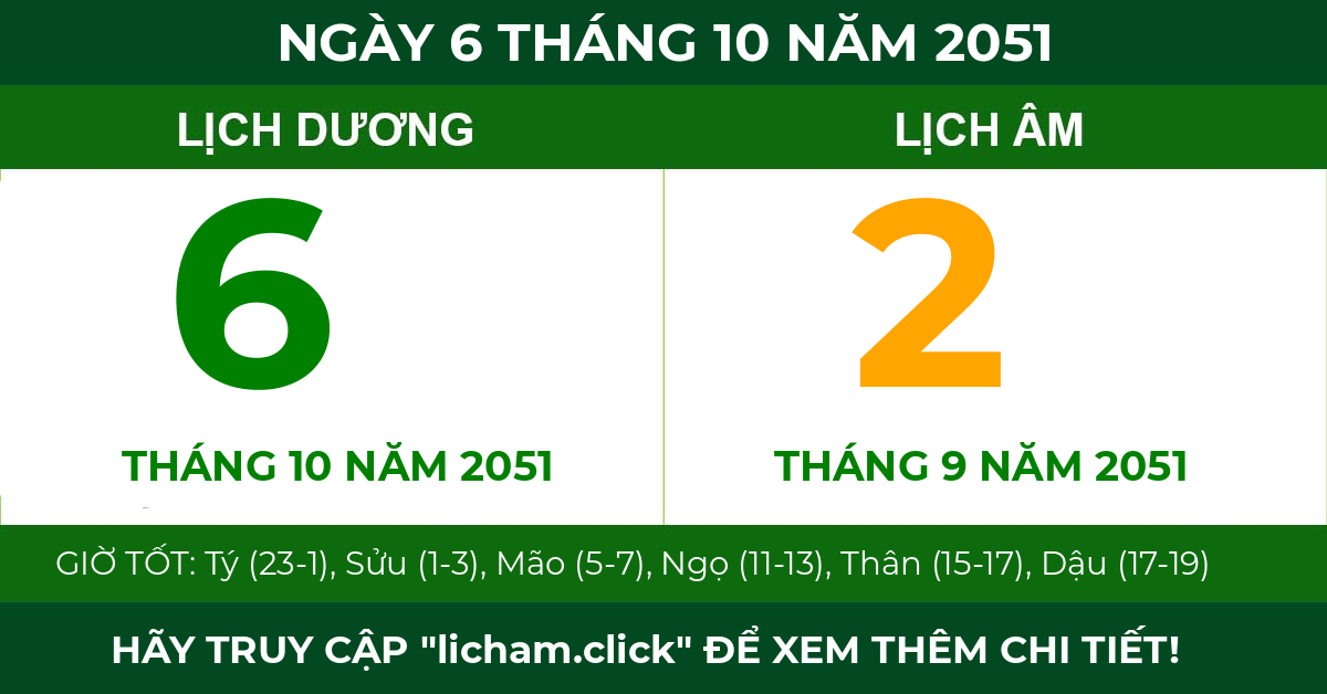 lịch âm ngày 6 tháng 10 năm 2051