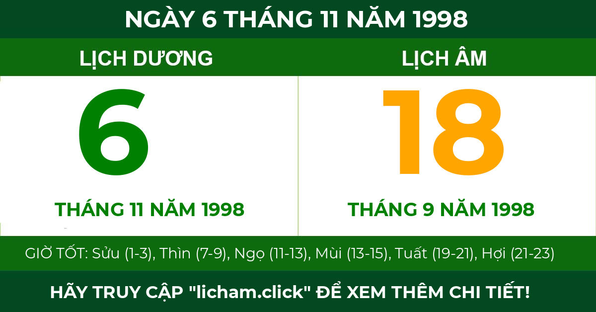 lịch âm ngày 6 tháng 11 năm 1998