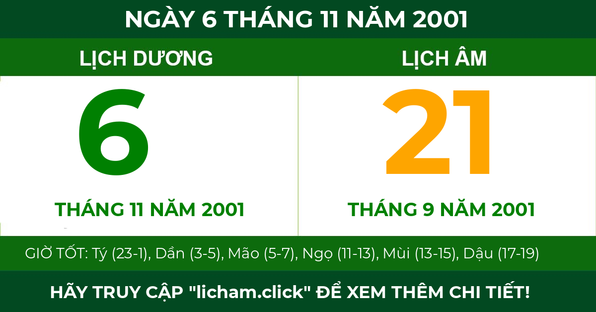 lịch âm ngày 6 tháng 11 năm 2001