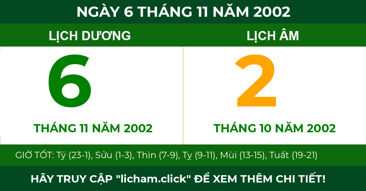 lịch âm ngày 6 tháng 11 năm 2002