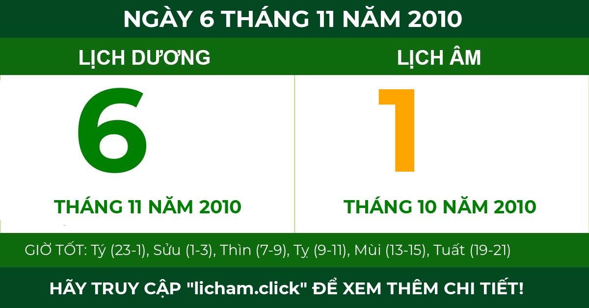 lịch âm ngày 6 tháng 11 năm 2010
