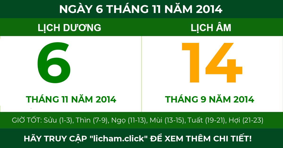 lịch âm ngày 6 tháng 11 năm 2014