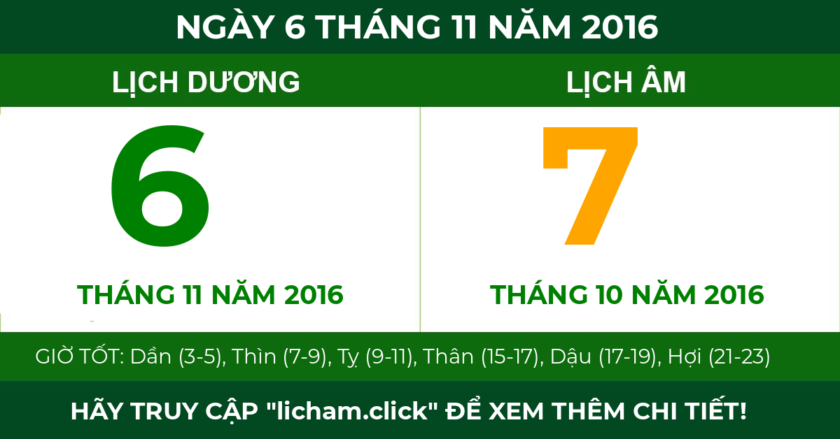 lịch âm ngày 6 tháng 11 năm 2016