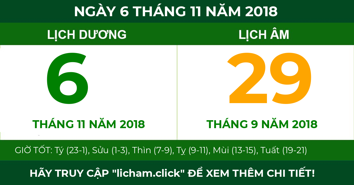 lịch âm ngày 6 tháng 11 năm 2018