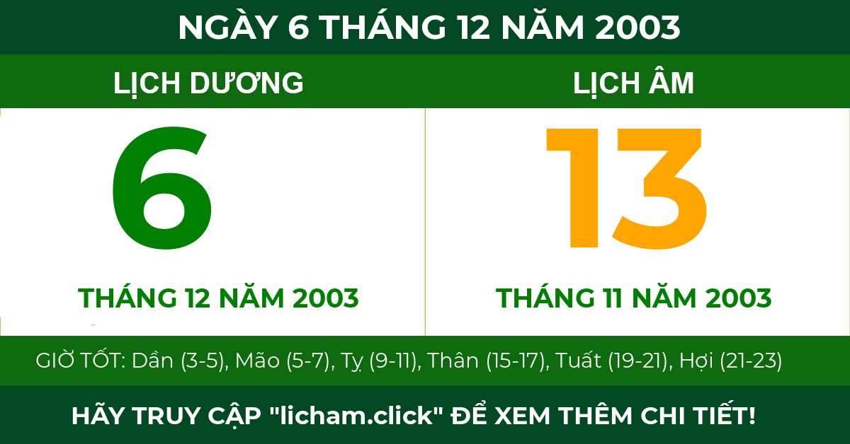 lịch âm ngày 6 tháng 12 năm 2003