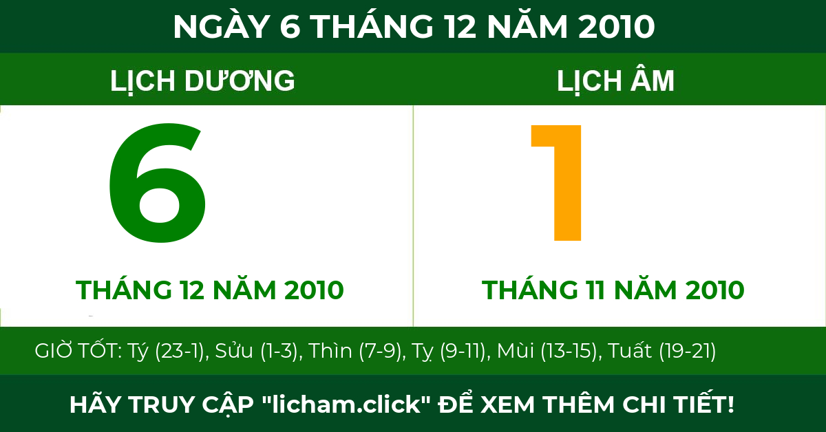 lịch âm ngày 6 tháng 12 năm 2010
