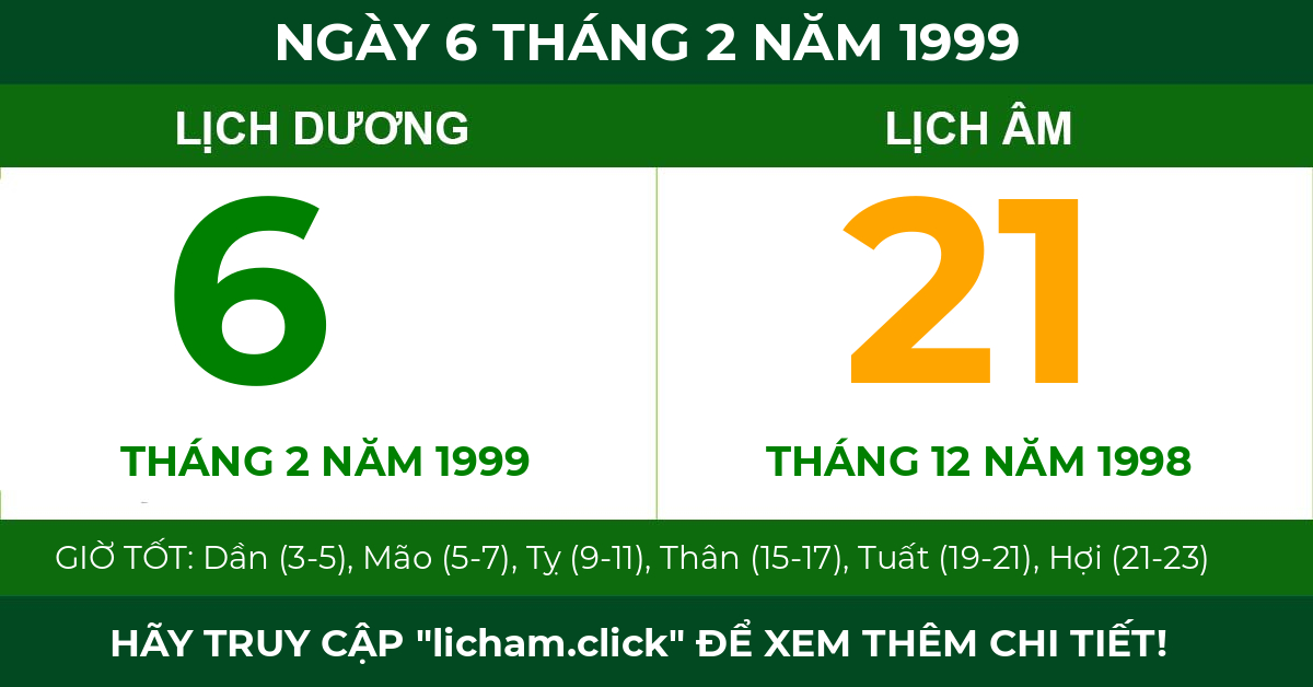 lịch âm ngày 6 tháng 2 năm 1999