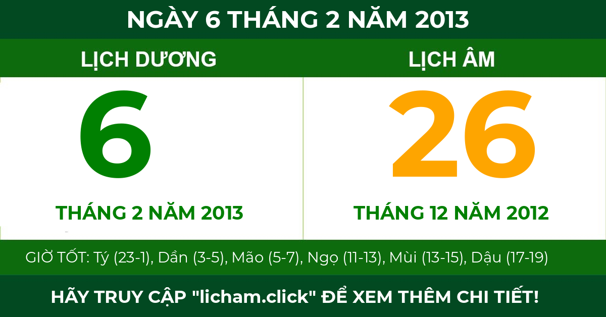 lịch âm ngày 6 tháng 2 năm 2013