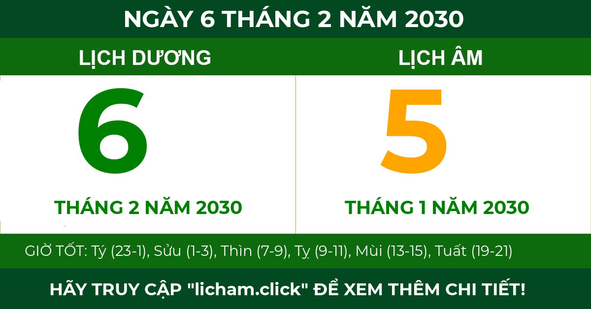 lịch âm ngày 6 tháng 2 năm 2030