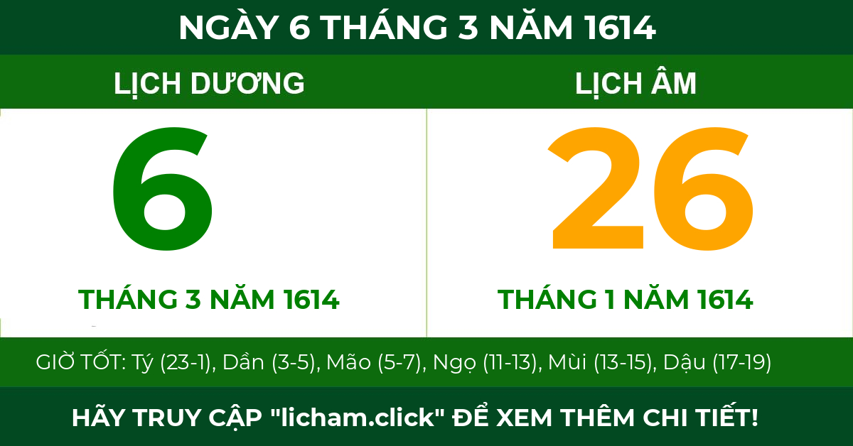 lịch âm ngày 6 tháng 3 năm 1614