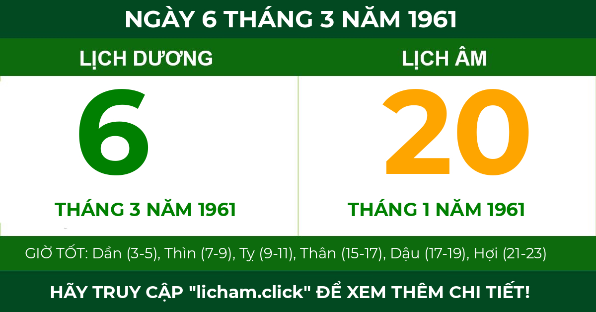 lịch âm ngày 6 tháng 3 năm 1961