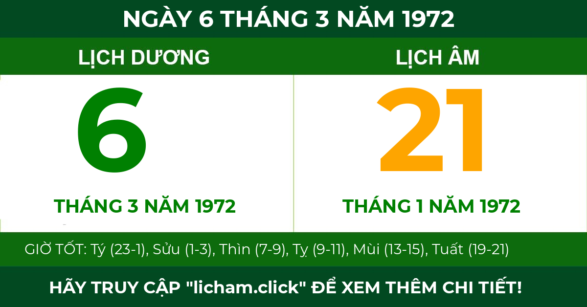 lịch âm ngày 6 tháng 3 năm 1972