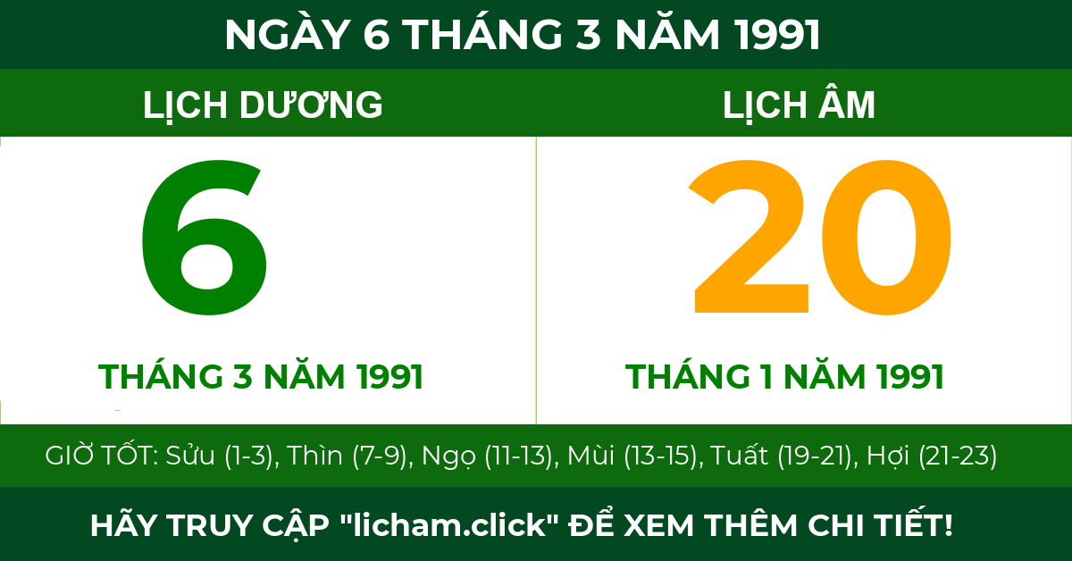 lịch âm ngày 6 tháng 3 năm 1991