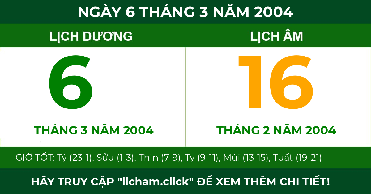 lịch âm ngày 6 tháng 3 năm 2004