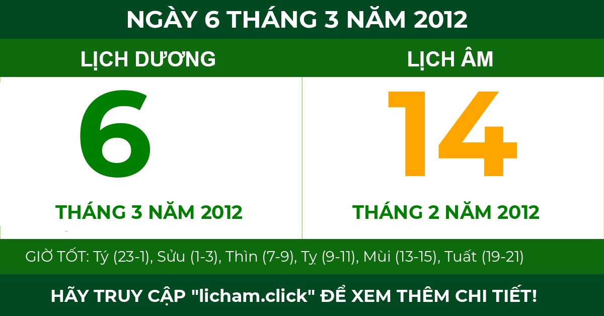 lịch âm ngày 6 tháng 3 năm 2012