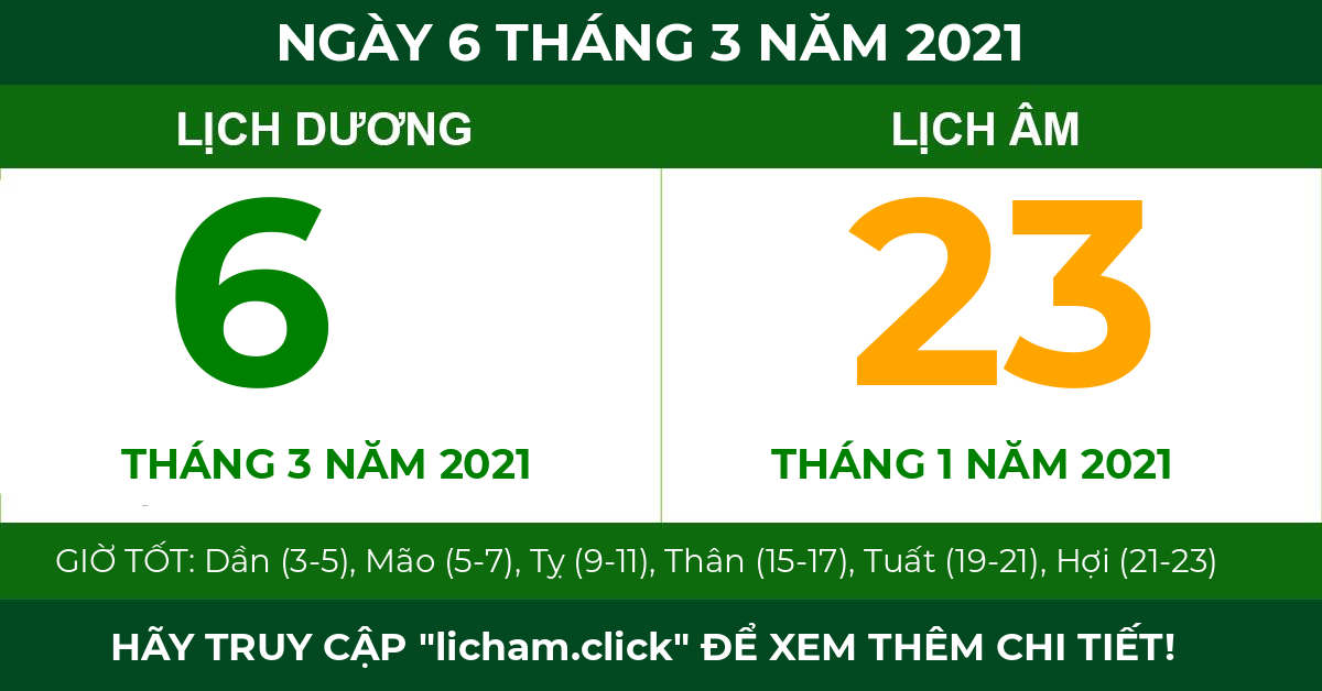 lịch âm ngày 6 tháng 3 năm 2021
