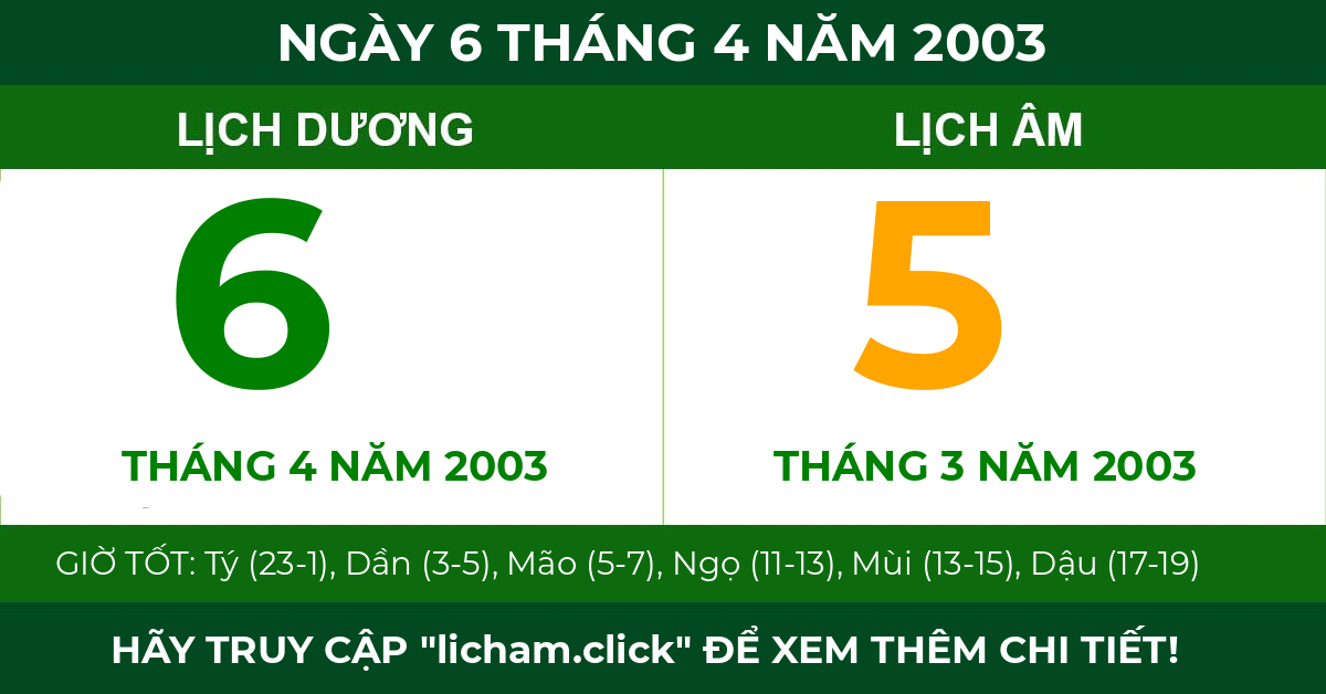 lịch âm ngày 6 tháng 4 năm 2003