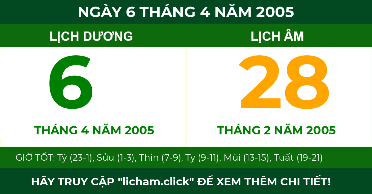 lịch âm ngày 6 tháng 4 năm 2005