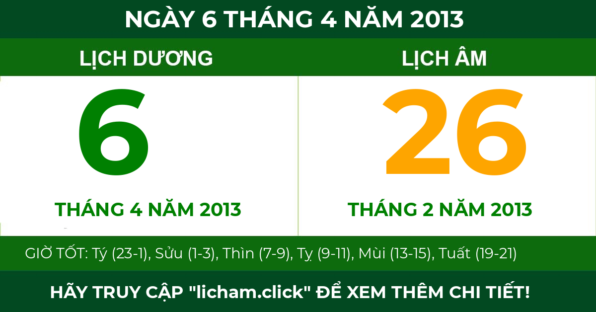 lịch âm ngày 6 tháng 4 năm 2013