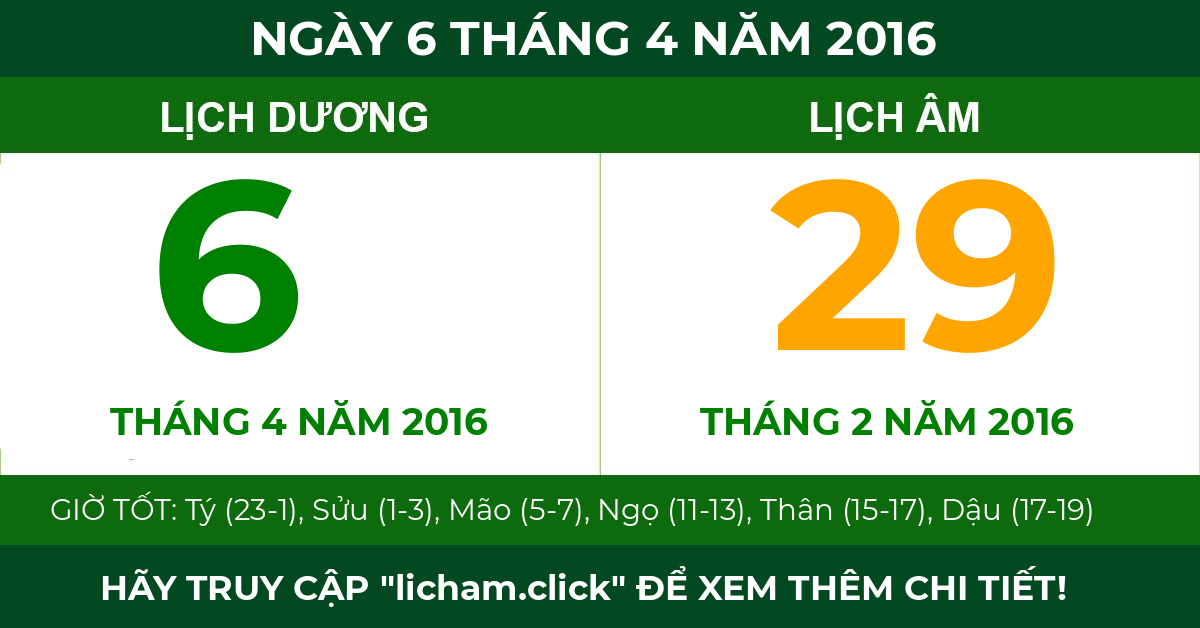 lịch âm ngày 6 tháng 4 năm 2016