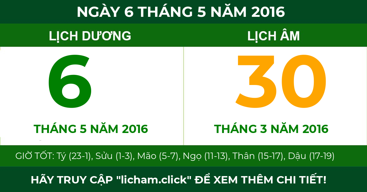 lịch âm ngày 6 tháng 5 năm 2016