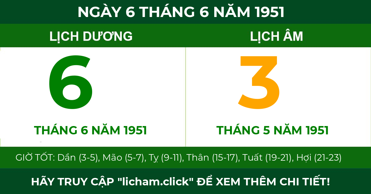 lịch âm ngày 6 tháng 6 năm 1951