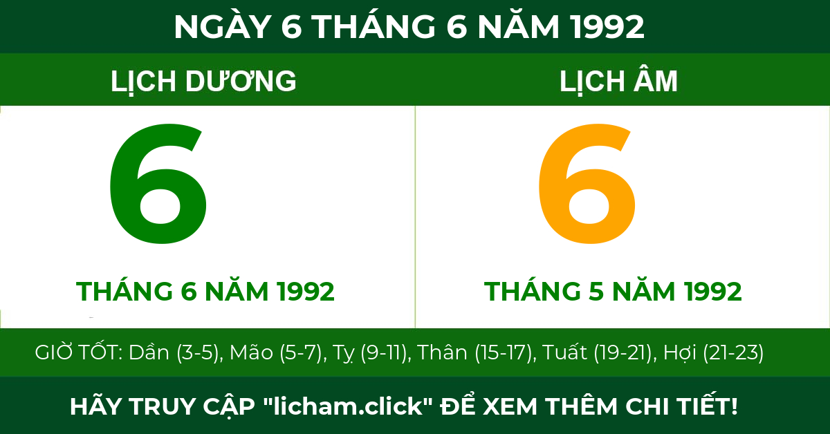 lịch âm ngày 6 tháng 6 năm 1992