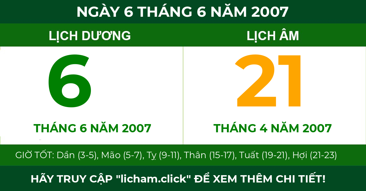 lịch âm ngày 6 tháng 6 năm 2007