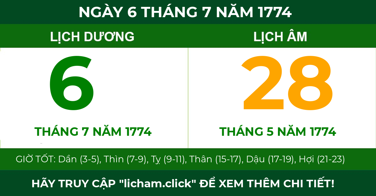 lịch âm ngày 6 tháng 7 năm 1774
