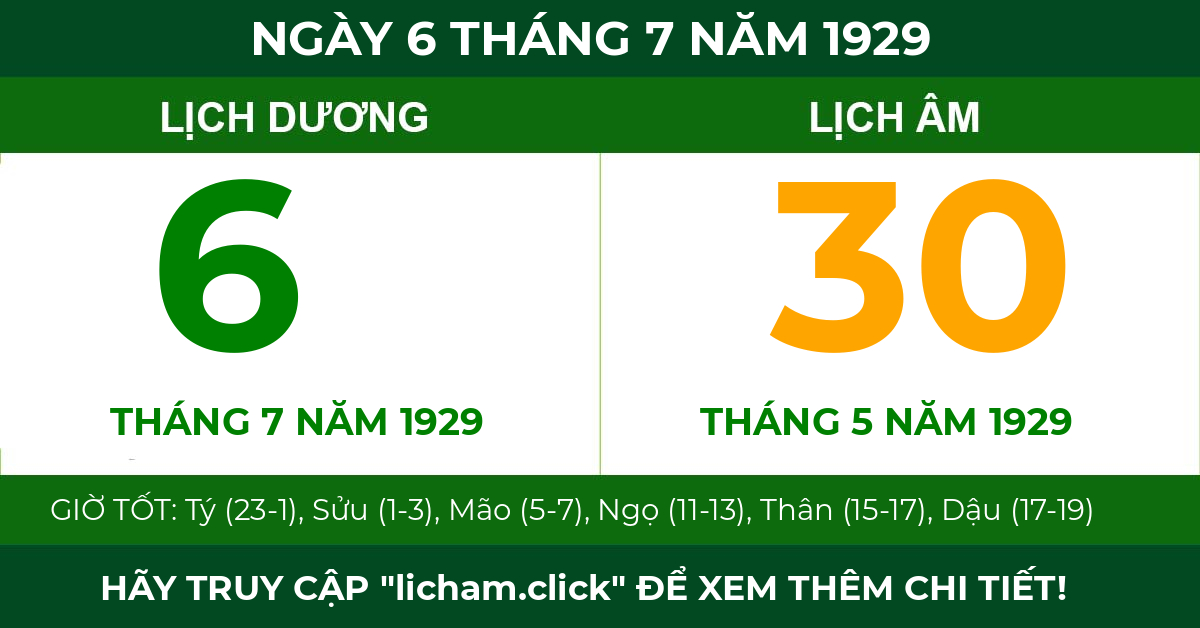 lịch âm ngày 6 tháng 7 năm 1929