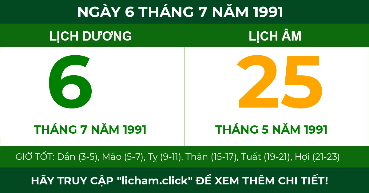 lịch âm ngày 6 tháng 7 năm 1991
