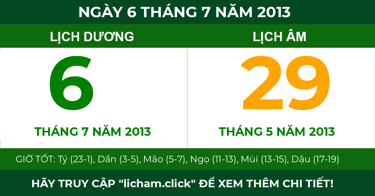 lịch âm ngày 6 tháng 7 năm 2013