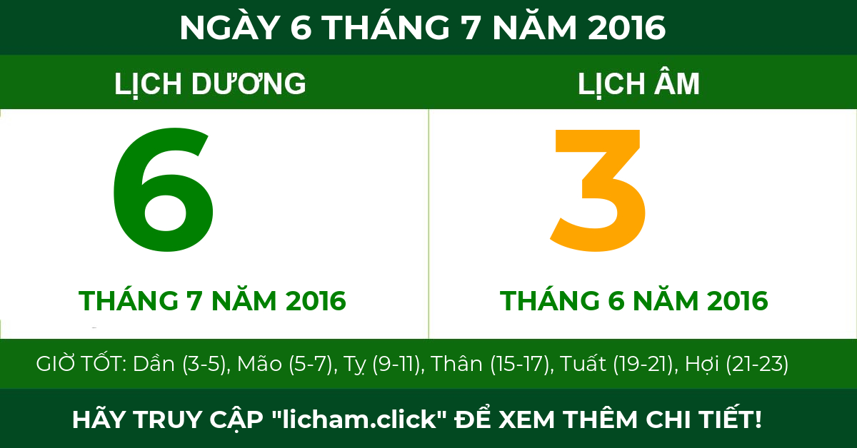 lịch âm ngày 6 tháng 7 năm 2016